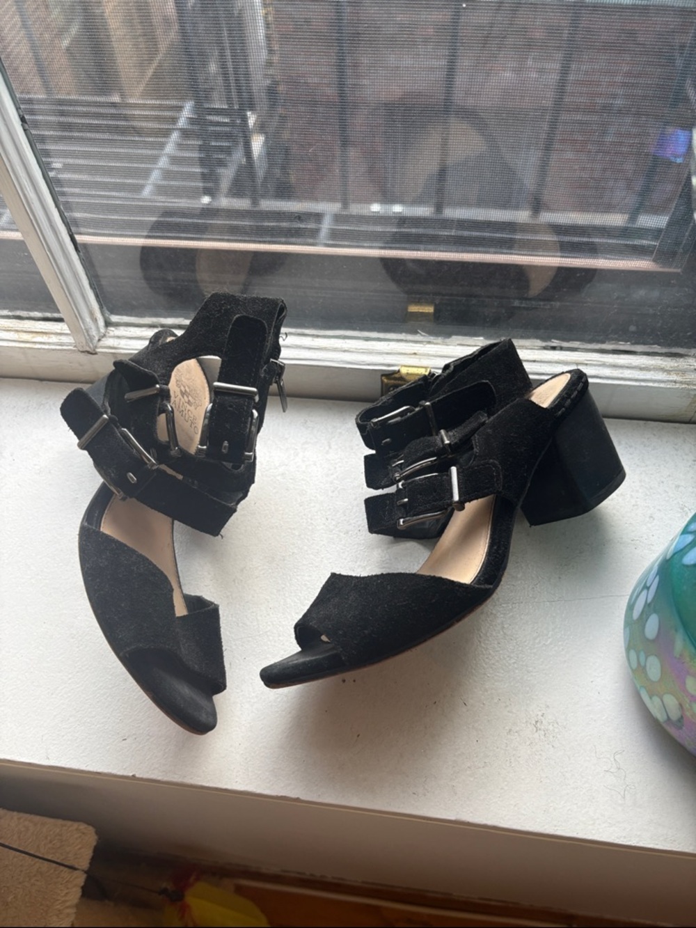 Black Buckle Suede Block Heel Sandals